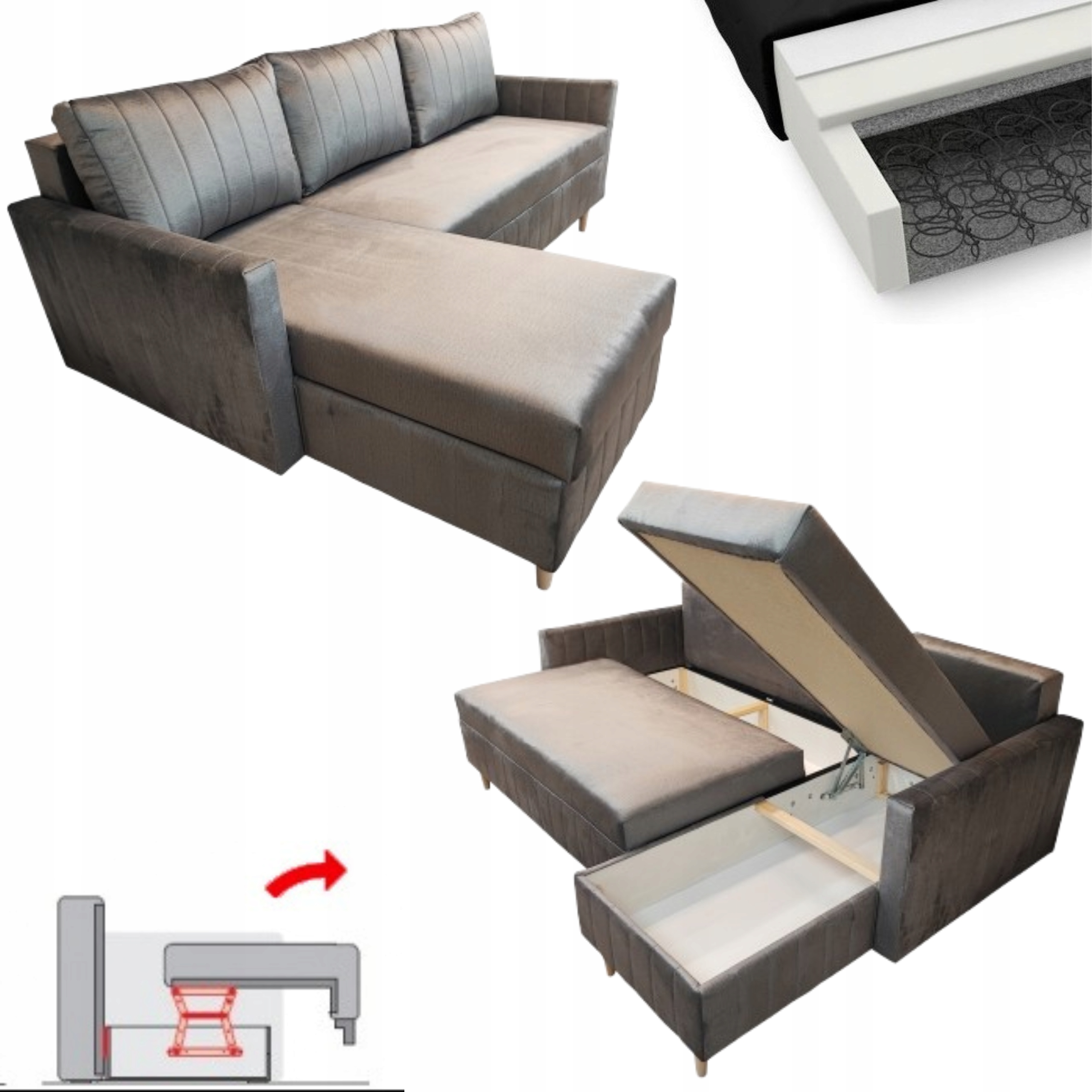 Skandinávský Rohová Sedací Souprava Rozkládací Funkce Spaní Frida Bonell Velurová Nádoba