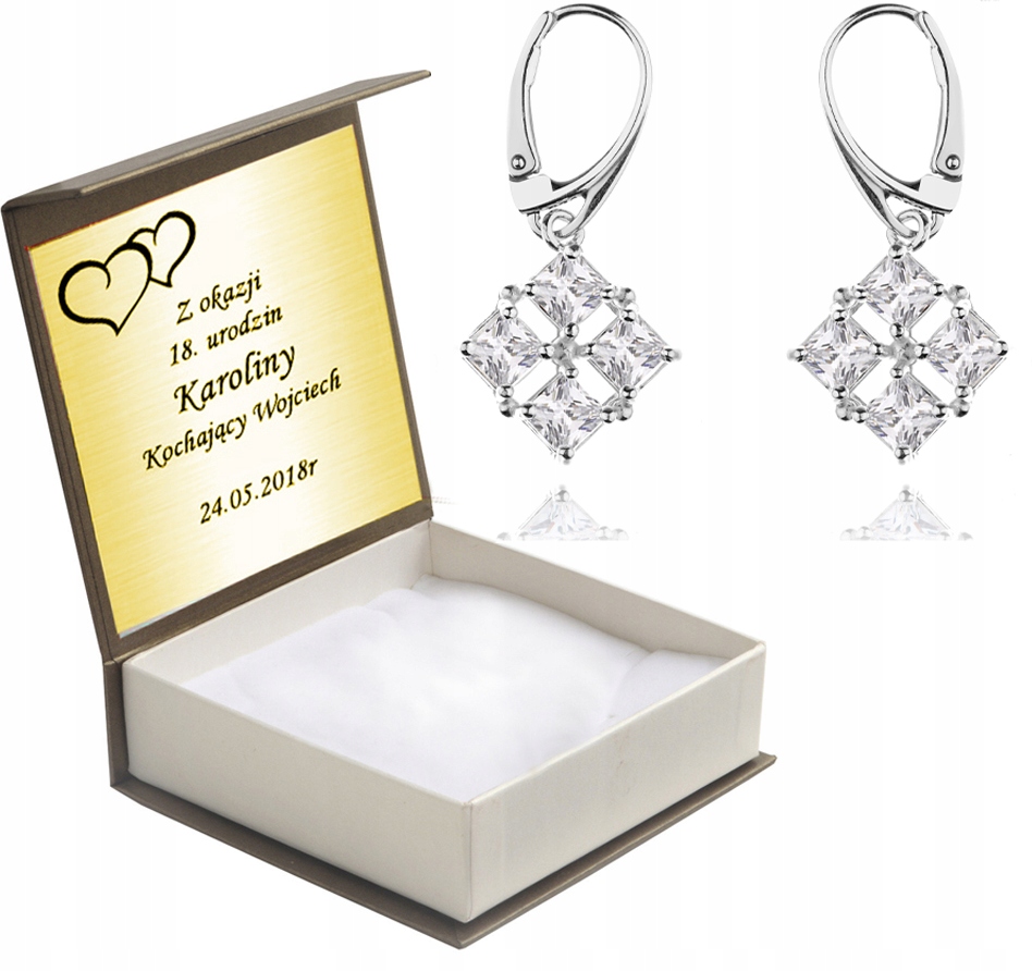 

Kolczyki Kwadraty Z Cyrkoniami Na Prezent + Grawer