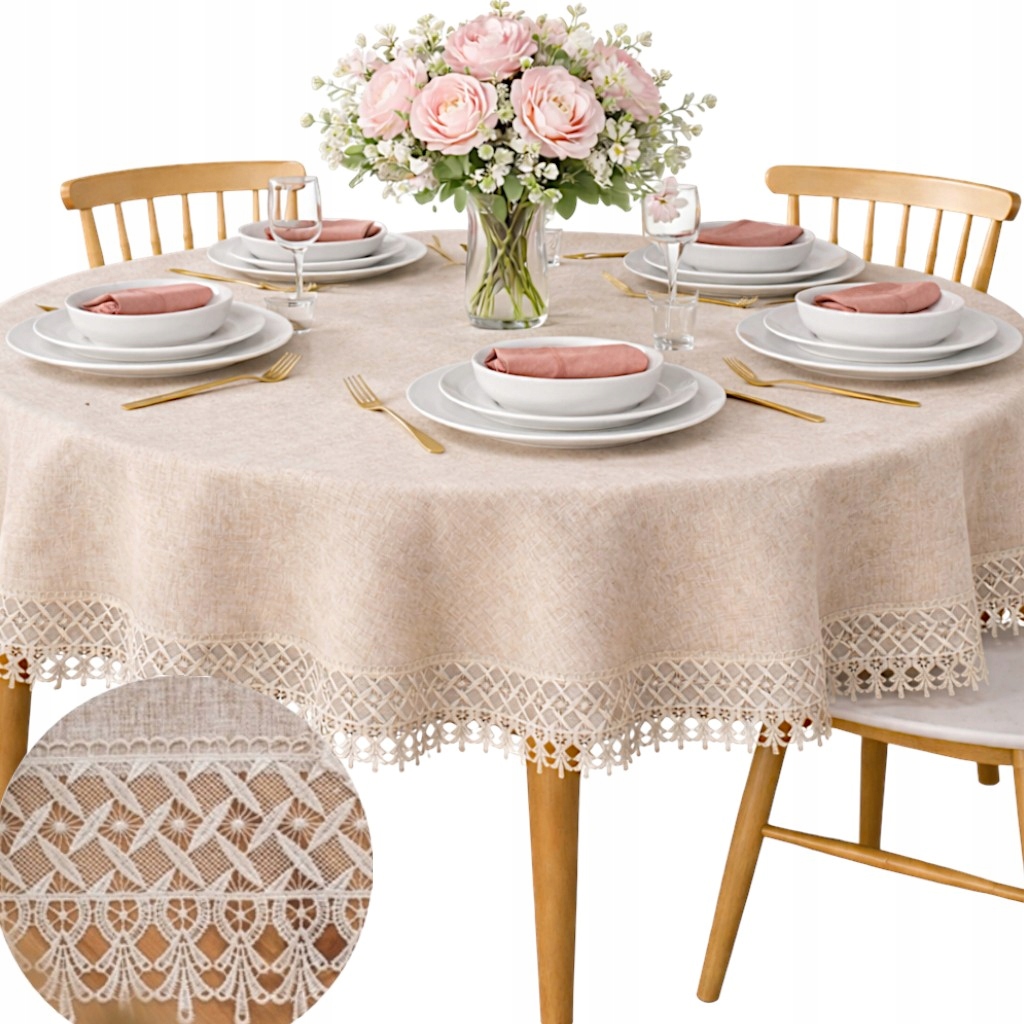 Obrus na Okrągły Stół Beżowy z gipiurą Koło 150 CM koronka gładki