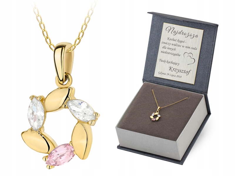 Zlatý Náhrdelník 40 cm pr. 585 Přívěsek Lístky Zirkony Řetízek 14k