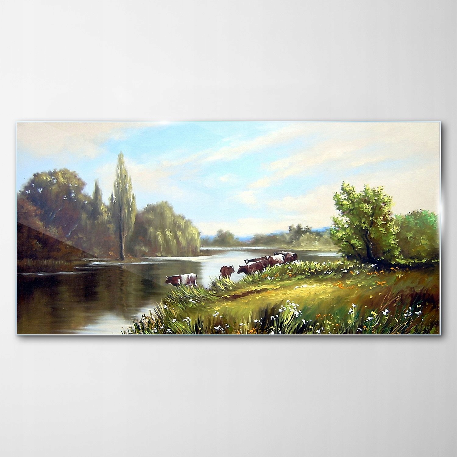 Obraz na skle Dekor Lúka Les Jazero Krava 120x60