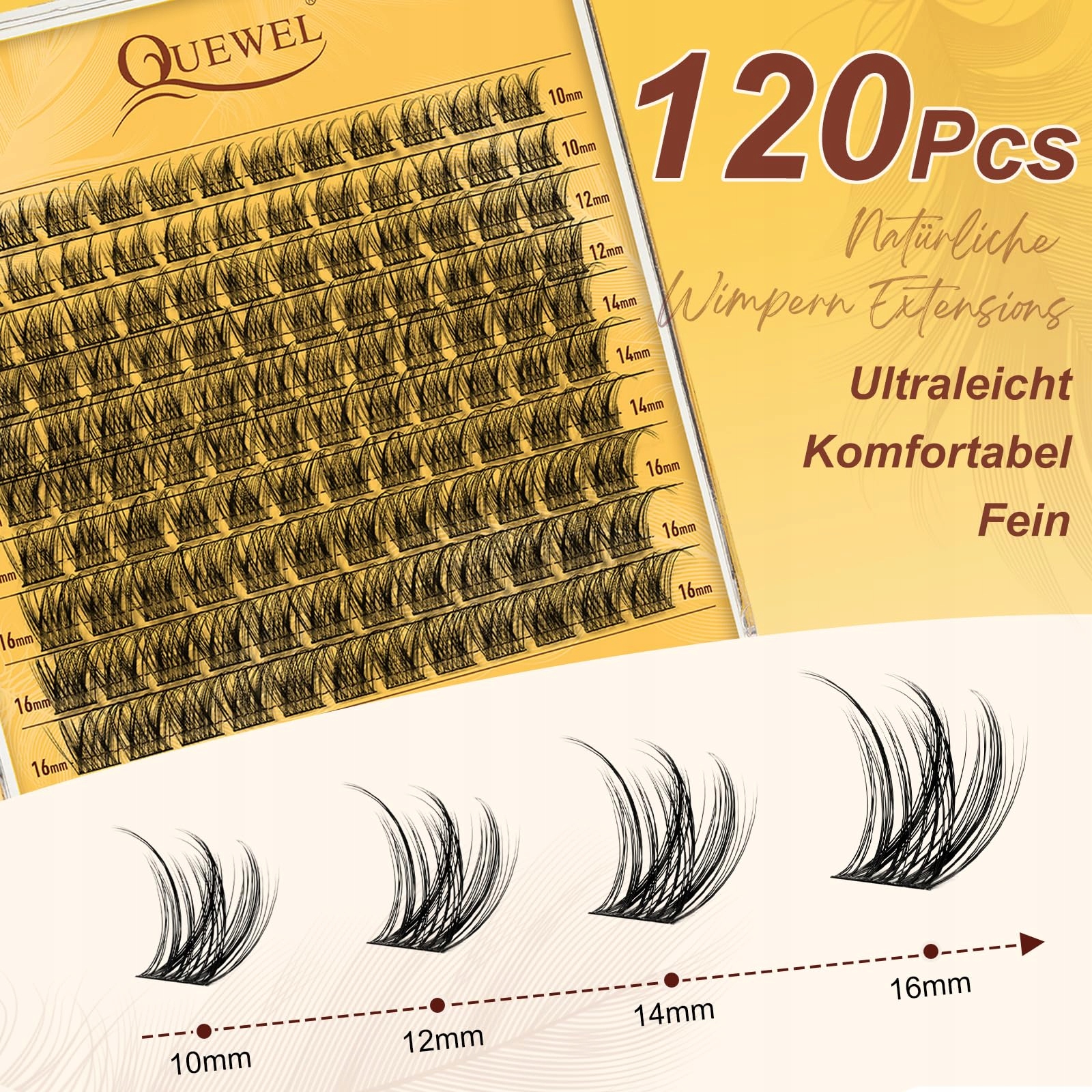QUEWEL Przedłużanie Rzęs Zestaw Naturalne Kępki 10-16mm Z Klejem I Pęsetą — miniatura 3