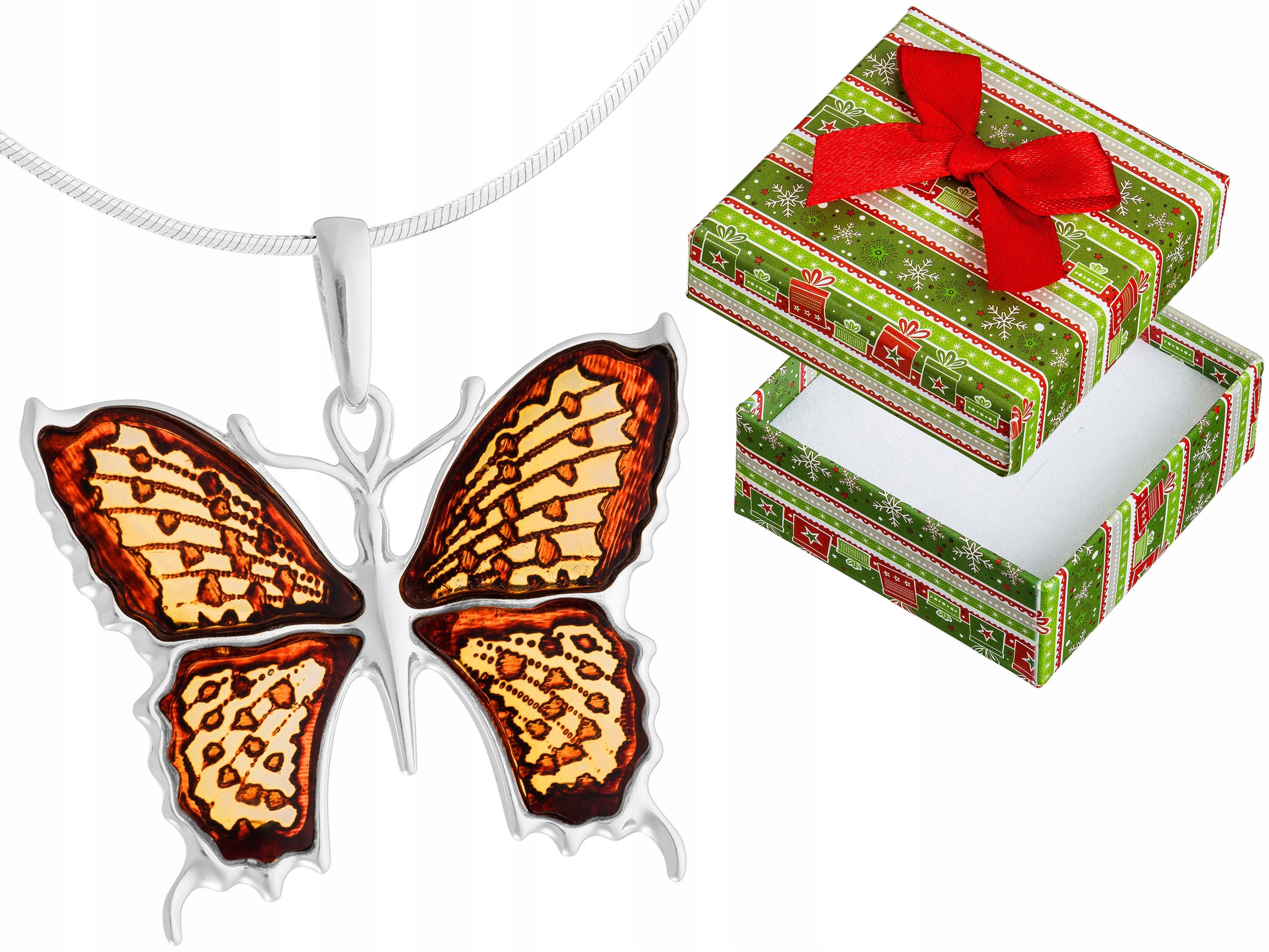 Velký stříbrný dámský náhrdelník Motýl s jantarem Motýlek Dlouhý Stříbro 50 cm