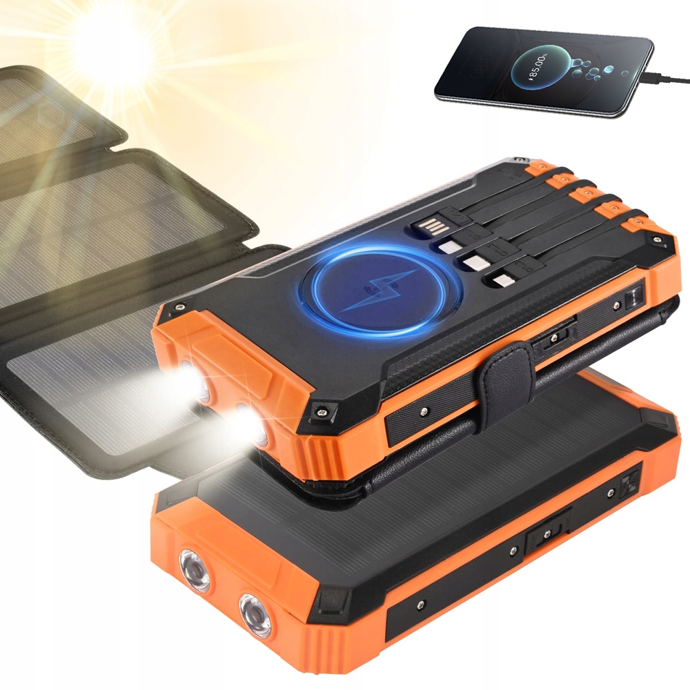 20000MAH Bezdrátová Solární Powerbanka Se 4 Vestavěnými Kabely