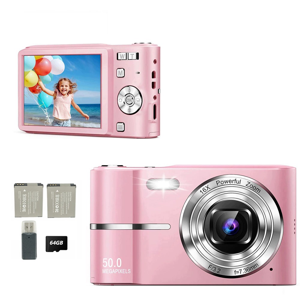 Mini Digitální Fotoaparát Hd 44MP 16X Zoomem Růžový 64GB Antishake