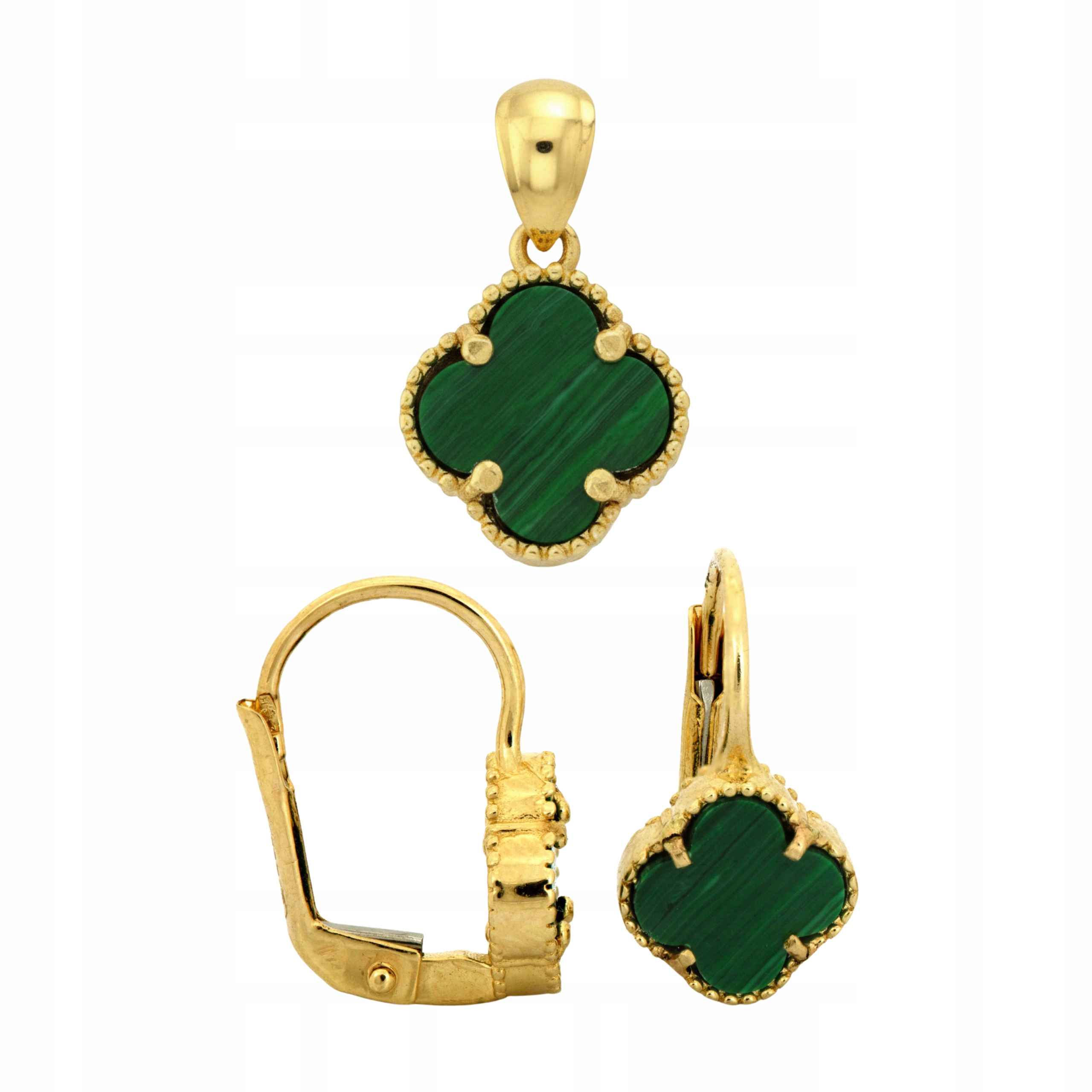 Dámský zlatý komplet 585 se zeleným syntetickým malachitem na Valentýna