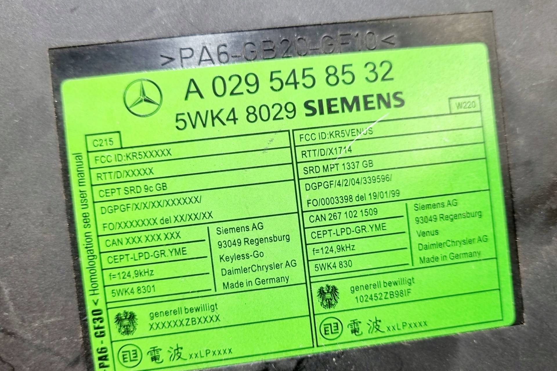 modulo dostepu bezkluczykowego Mercedes-Benz S W220 2000 A0295458532