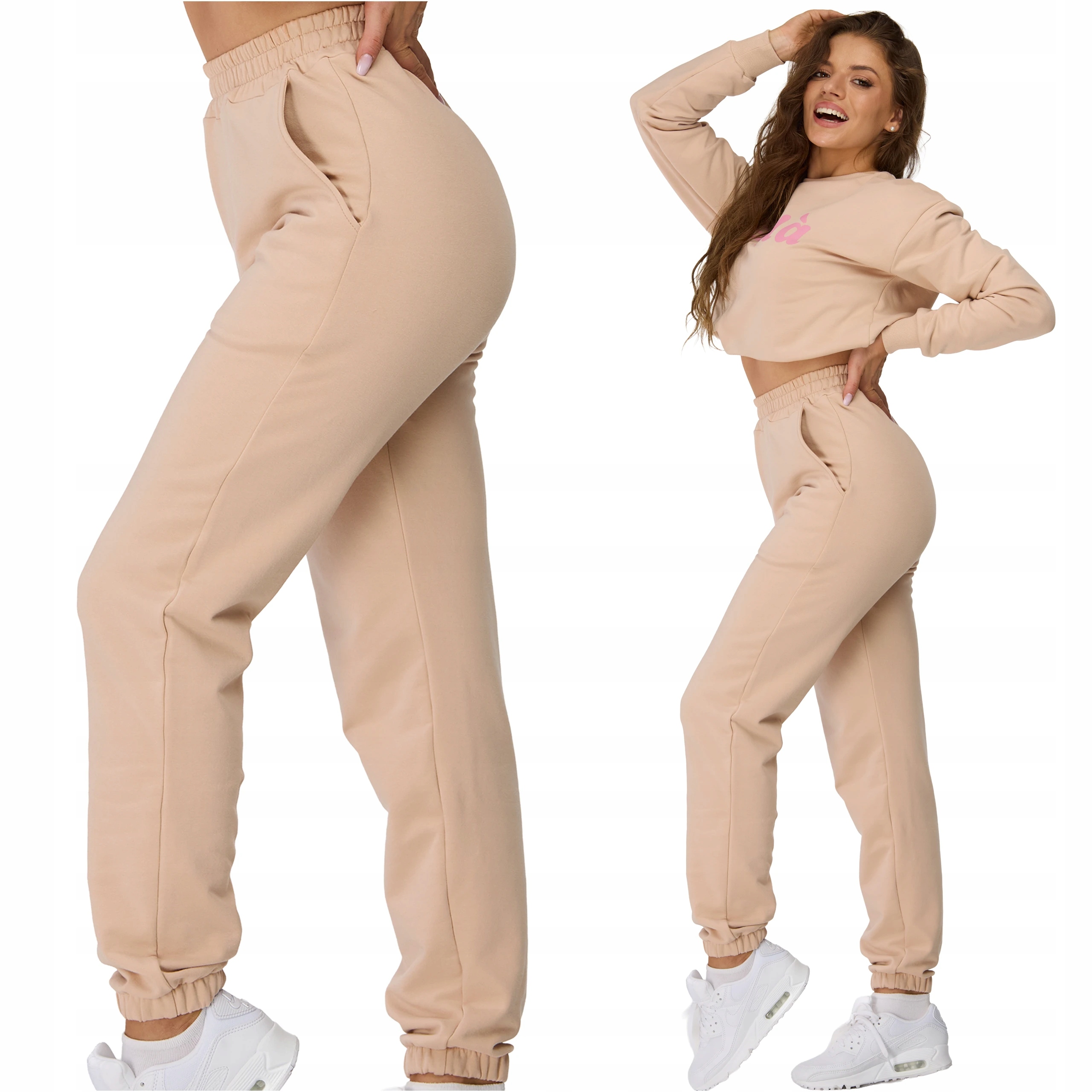 Spodnie dresowe damskie beżowe joggery bawełniane z kieszeniami XL