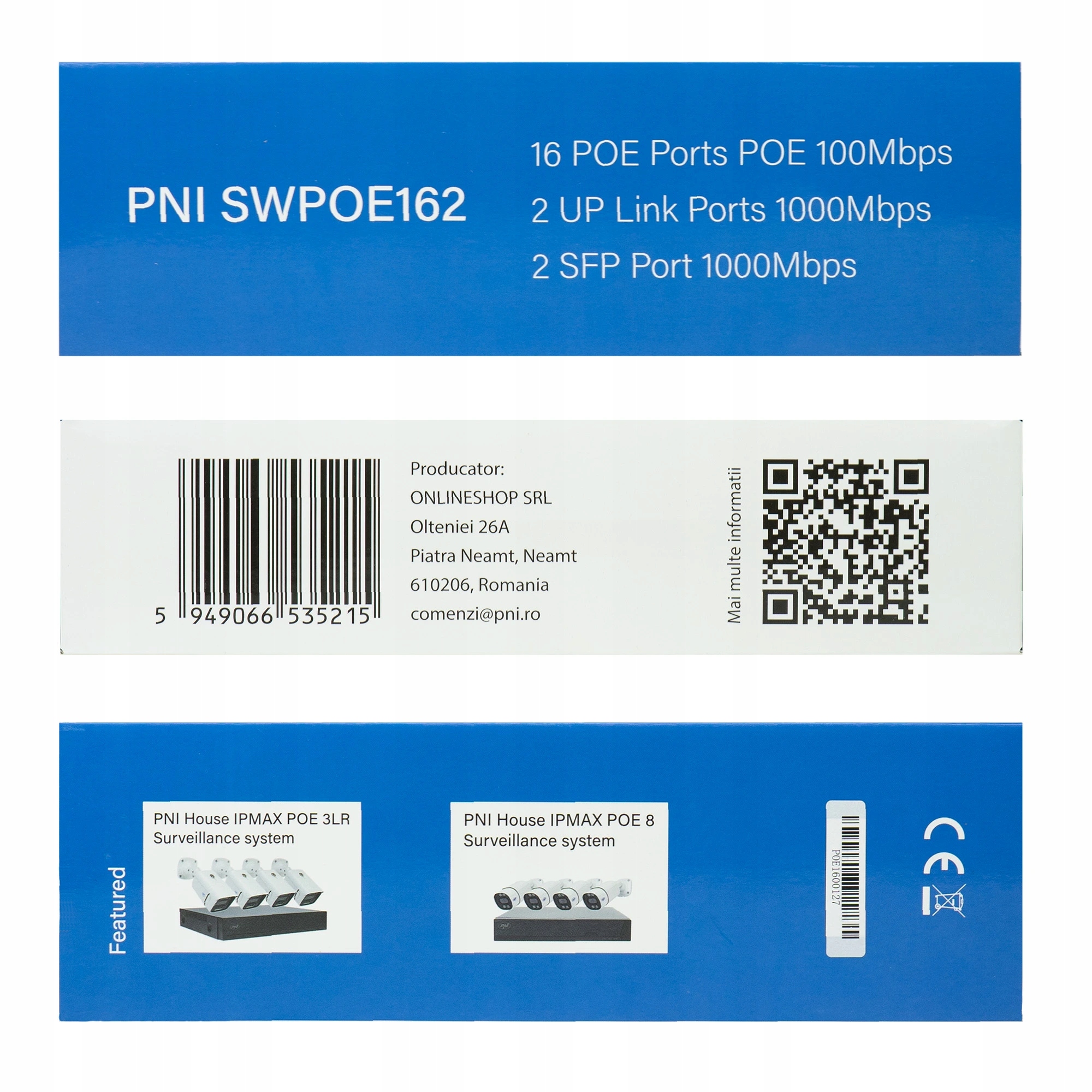 Switch Poe Pni SWPOE162, 16 portov Poe 100 Mbps, 2 porty Up Link 1000 Mbps,