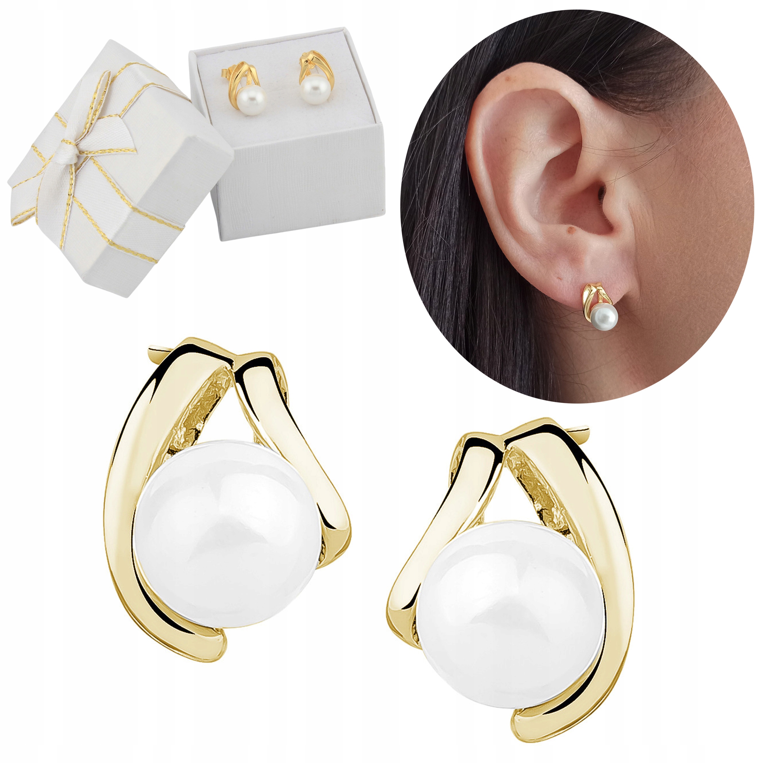 Kolczyki damskie z perełkami na sztyfcie pozłacane wkrętki 925