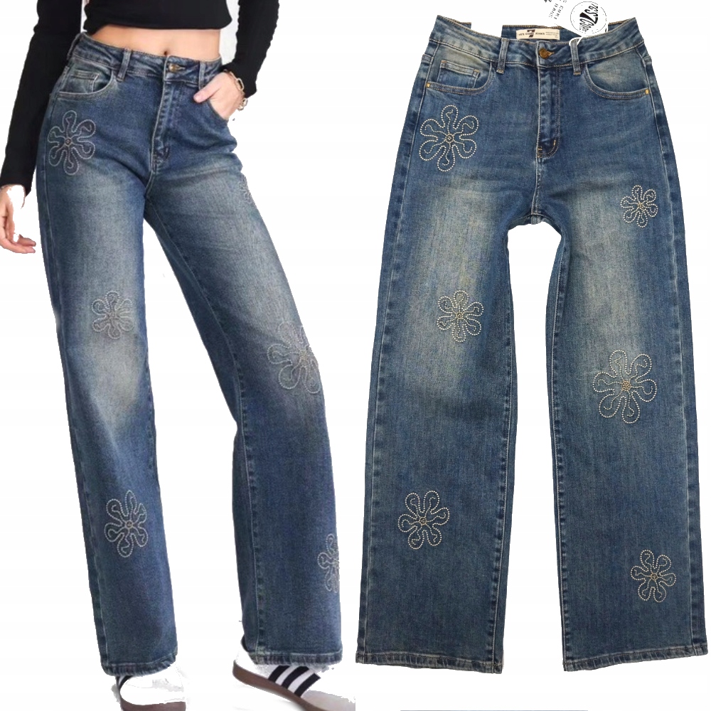 M.sara Džínové Kalhoty Vysoké Rovné Široké Nohavice Vintage Výšivka 36 S