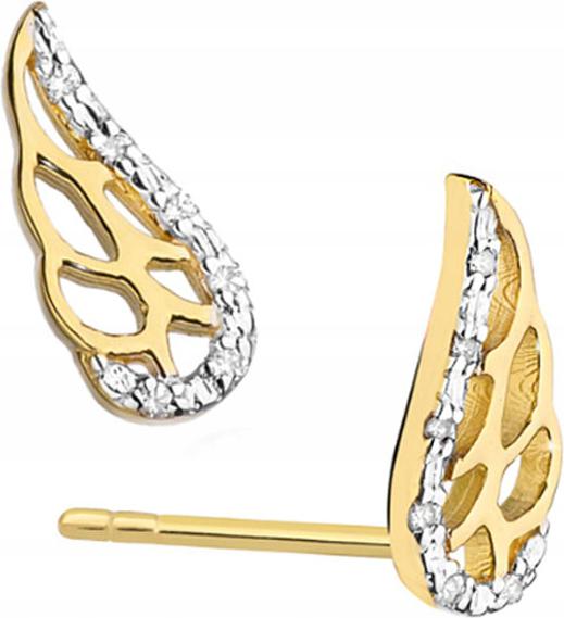 Zlaté náušnice 585 křídla s diamanty, šroubky pro ženy, elegantní provedení 14k