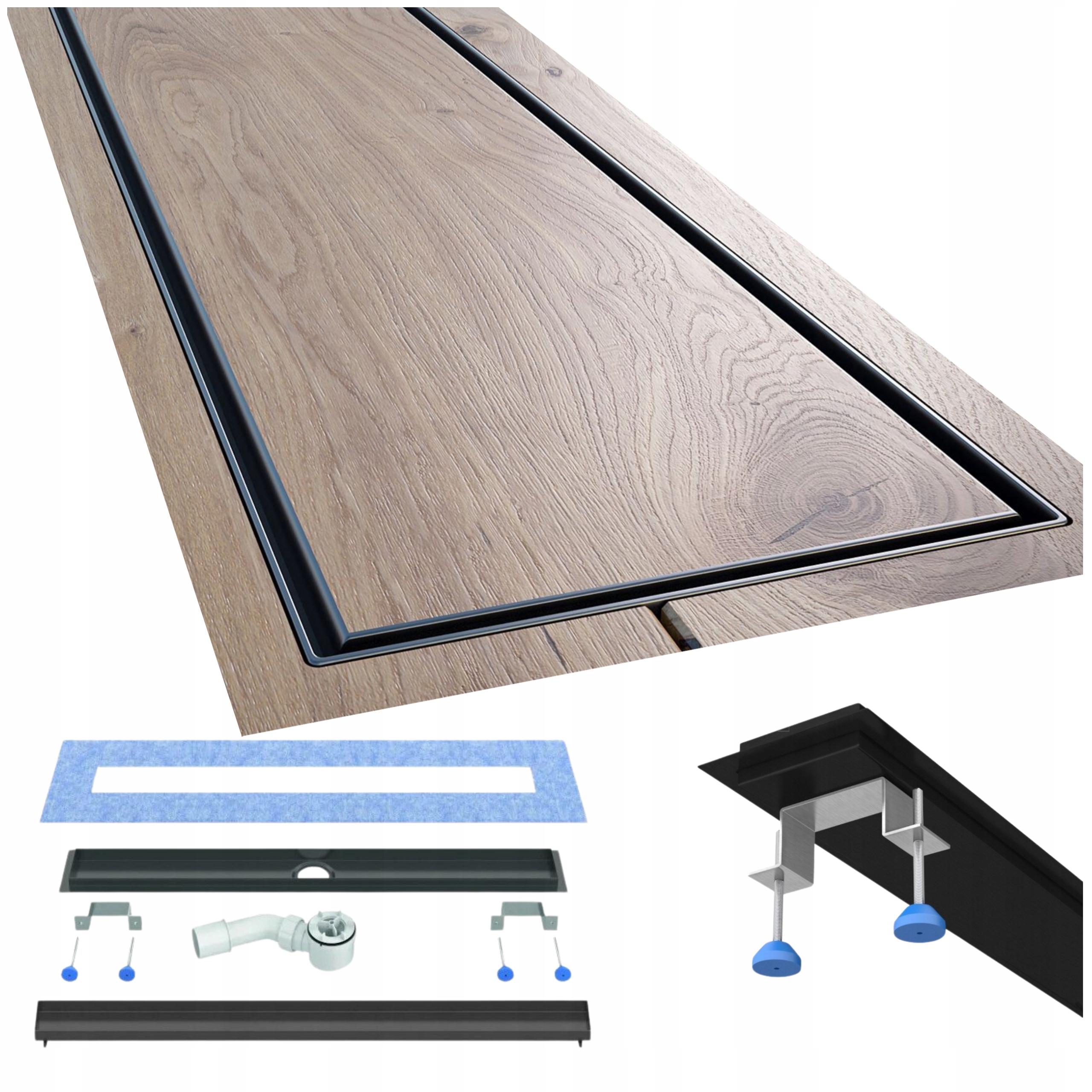 Lineárny odtok 90 cm čierny pod oceľovú dosku kompletná sada Waterway