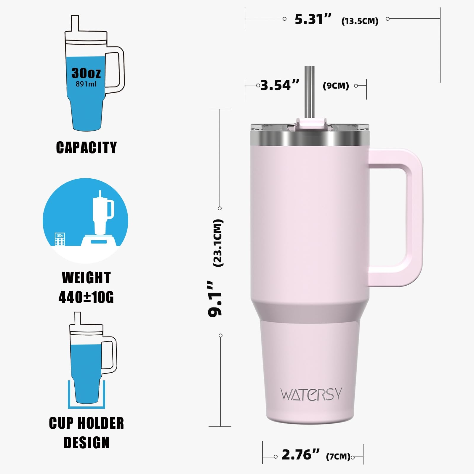 WATERSY Kubek Termiczny 30oz Stal Nierdzewna Z Uchem I Słomką — miniatura 6
