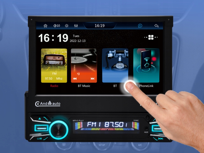 Radio Samochodowe 1DIN 7"Bluetooth USB AndroidAuto/Carplay Wysuwany Ekran Model 7230
