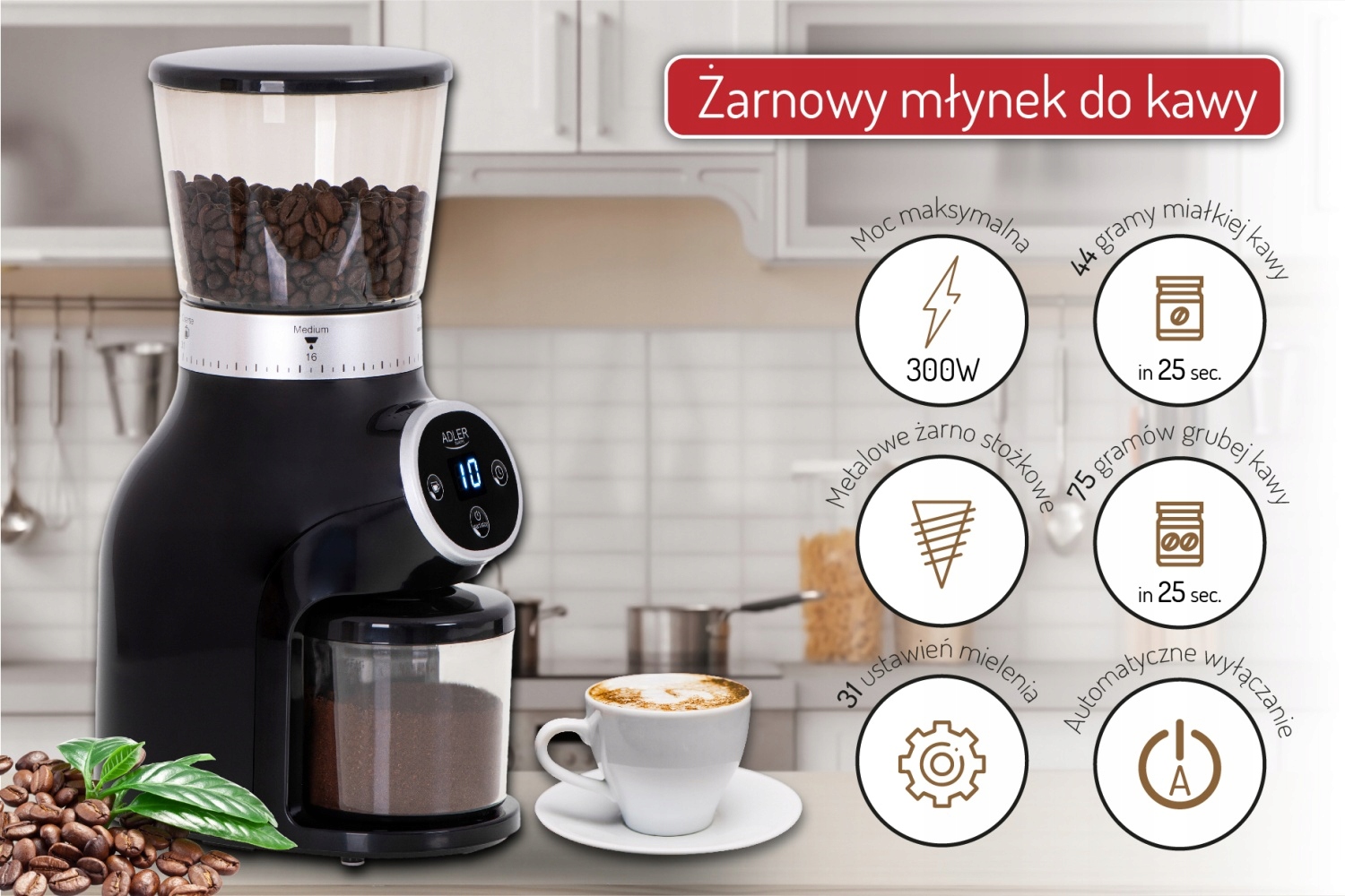 Młynek Żarnowy do Kawy AD 4450 300W 31 Ustawień Czarny/Srebrny