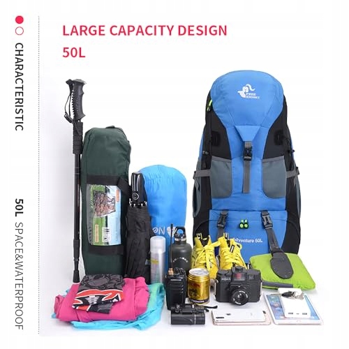 BSEASH Plecak Turystyczny 50L Lekki Wodoodporny Outdoor Camping Niebieski — miniatura 9