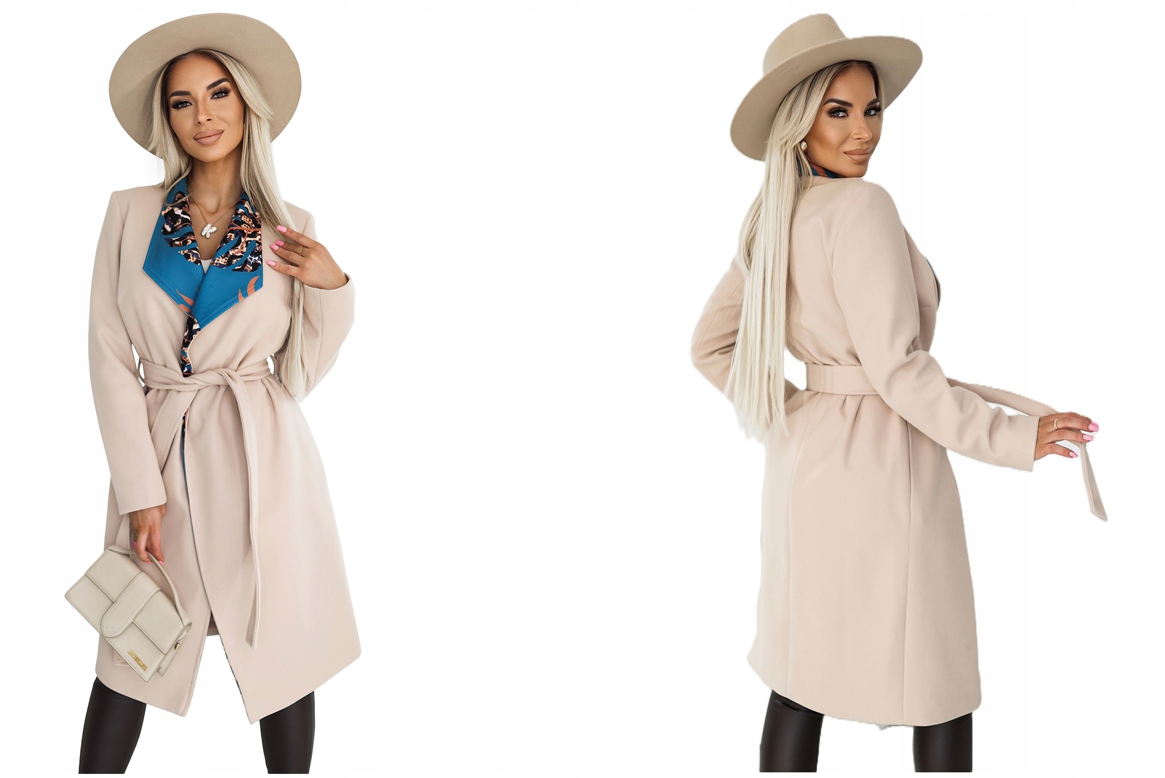 Teplý Podzimní Zavazovací Kabát S Barevným Límcem Béžový XL