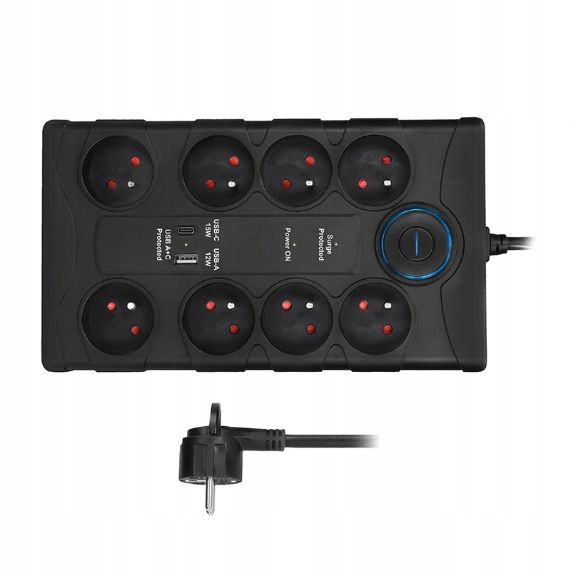 Přepěťová ochrana, 8z, Usb A+ca, 2m, černá