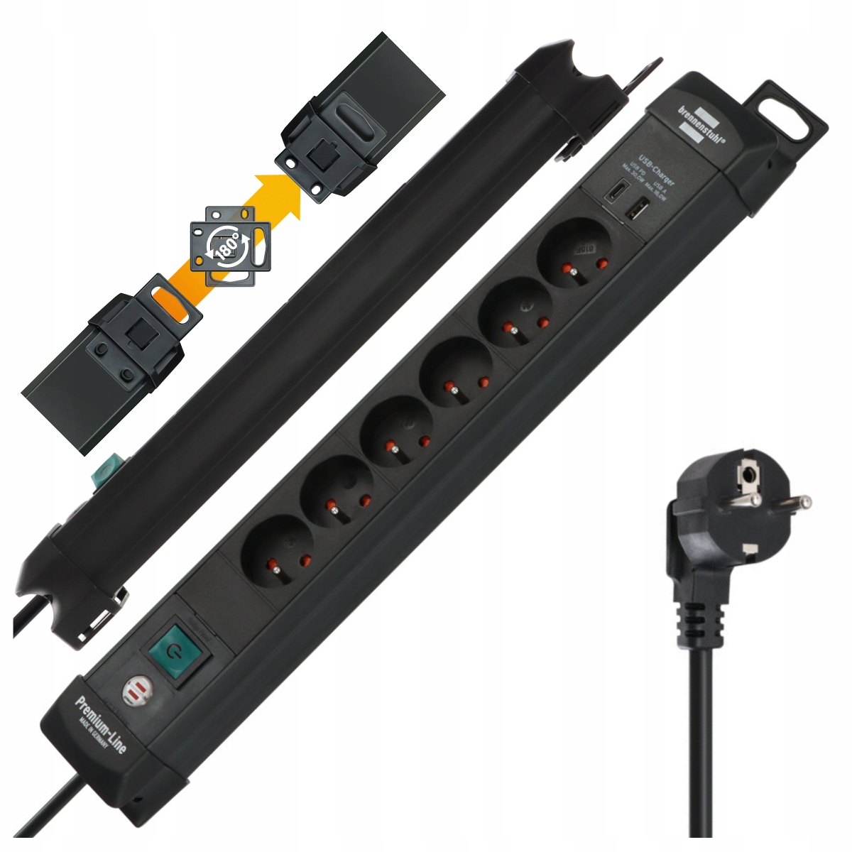 Listwa zasilająca Premium-Line 6 gniazd 1x Usb A, 1x Usb C, 1,8m