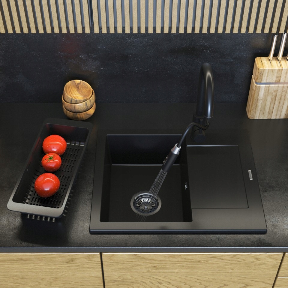 ZLEWOZMYWAK granitowy czarny jednokomorowy BELLO Zlew Syfon chrom Kolor czarny