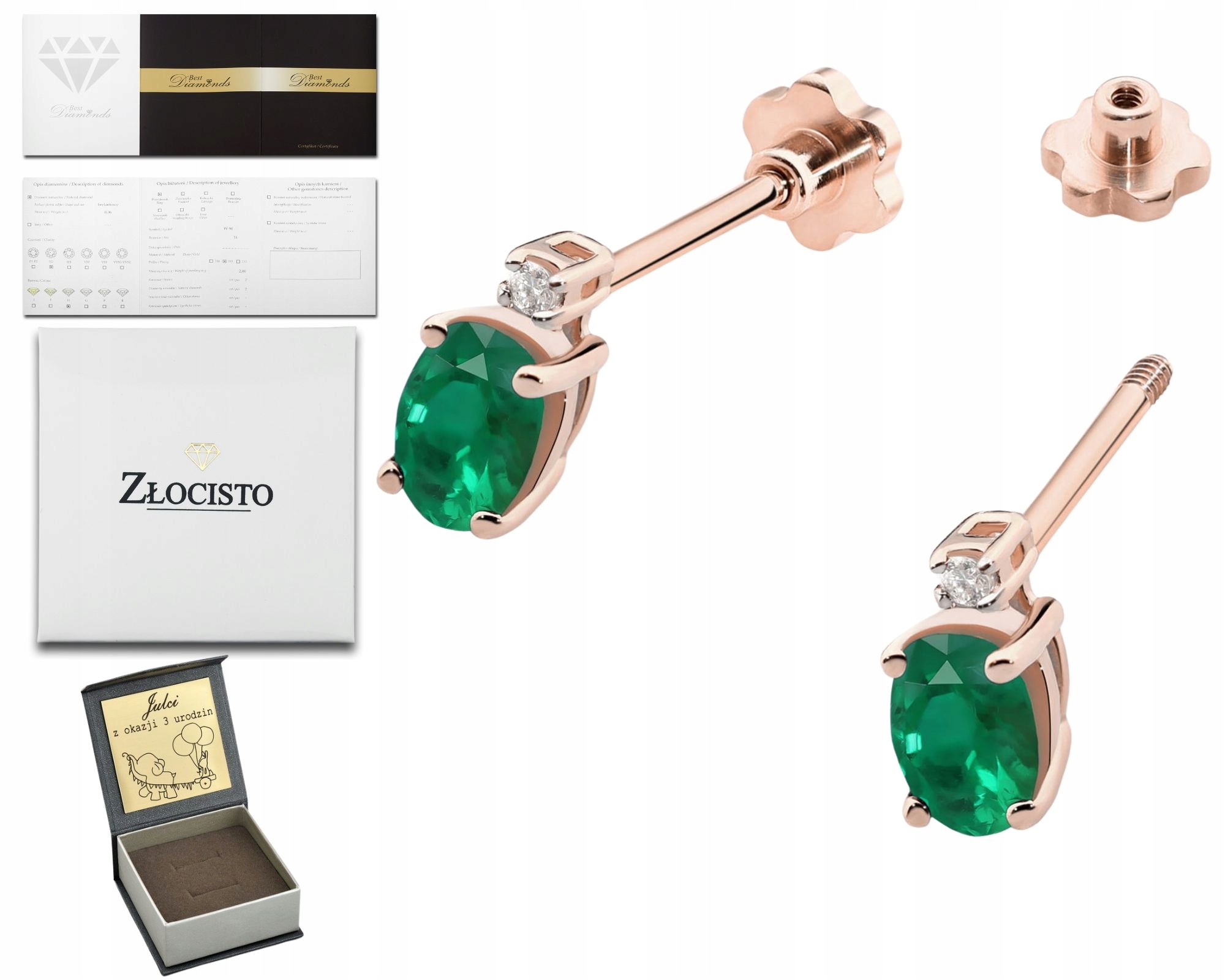 Růžové Zlato S Náušnice Se Smaragdem A Diamanty Na Šroubovací Tyčince