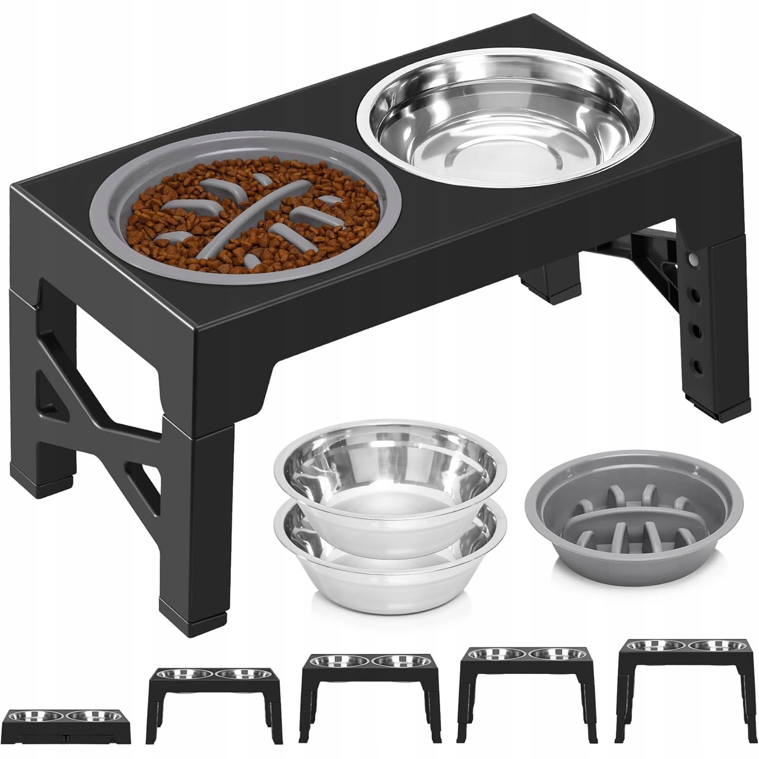 Dvojitá Netekoucí Miska Pro Psa 2V1 Kovová S 5 Stojánky, Nastavitelná