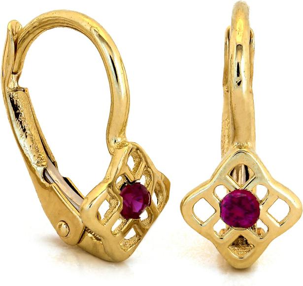 Jemné zlaté náušnice 585 s červeným zirkonem pro dívku 14K, módní