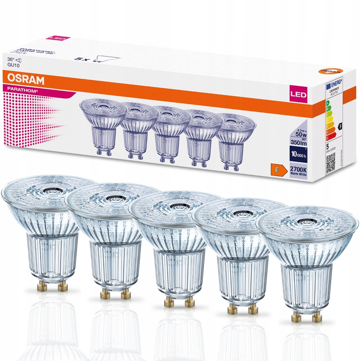 

5x Żarówka Led GU10 4,3W 50W 350lm 2700K 36° Osram