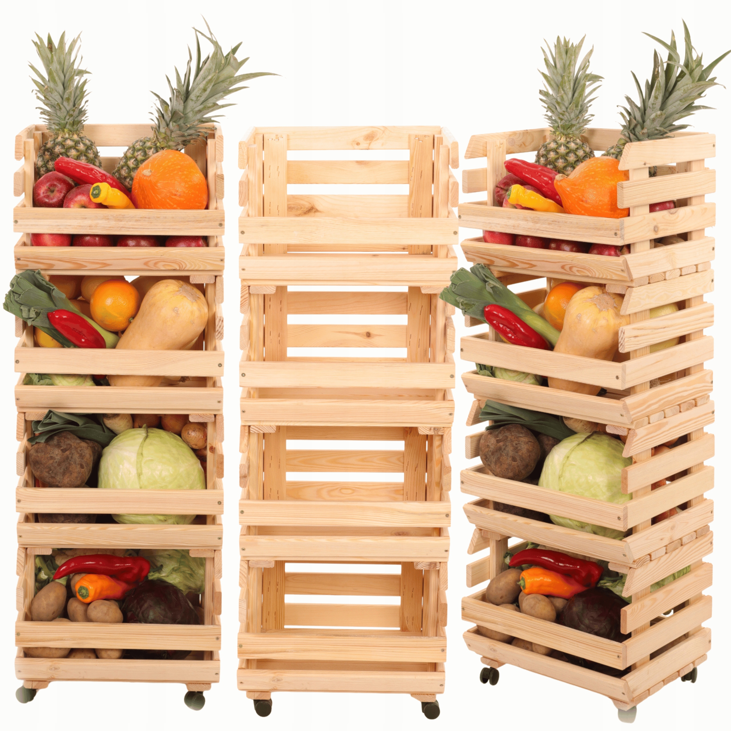 Regál na zeleninu, drevený stojan, boxy na kolieskach, 4 boxy, 106x40x30