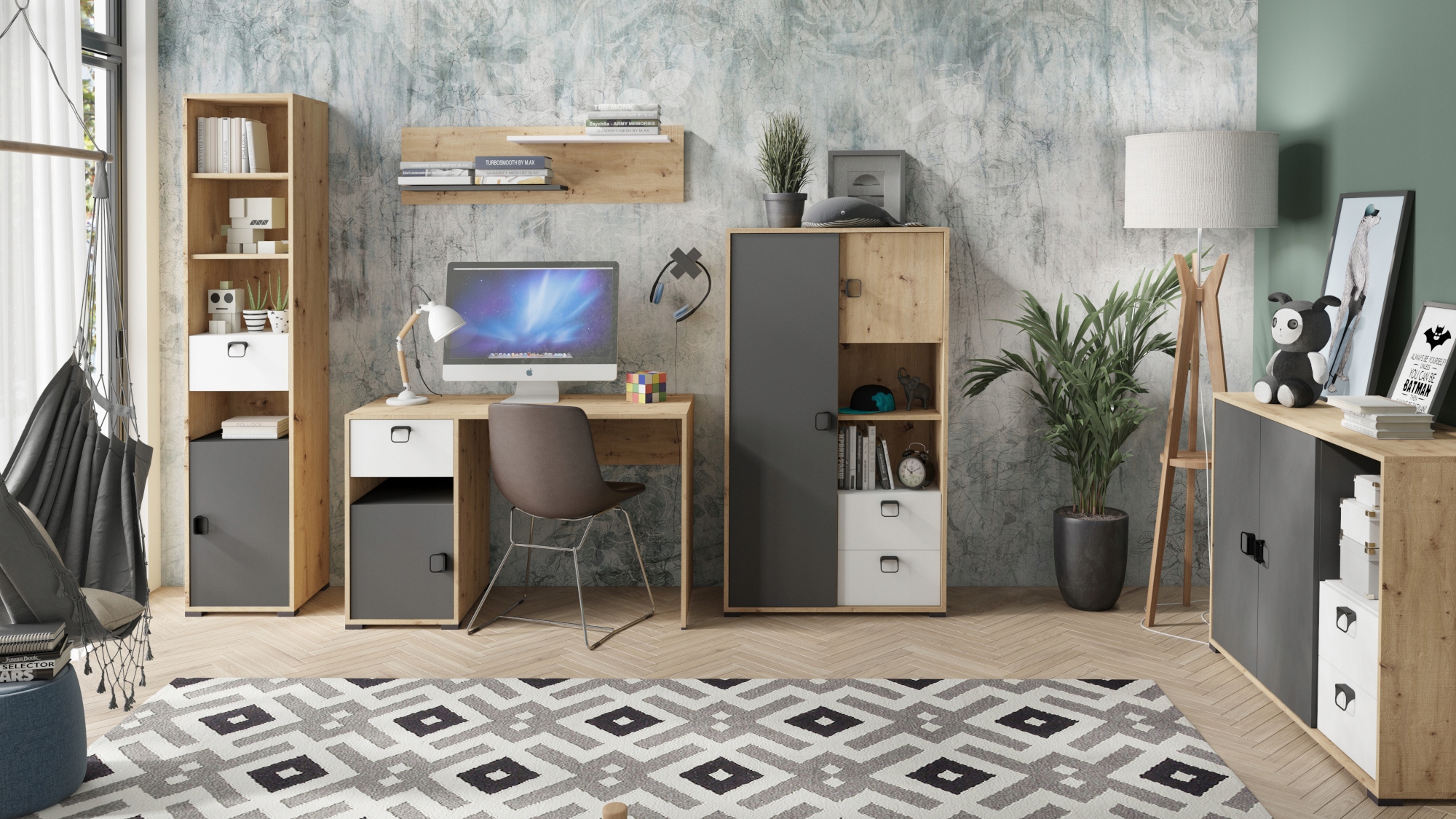 Stolik nocny Kevin 9 40x43x35 dąb artisan/grafit/biały, system młodzieżowy Głębokość mebla 35 cm