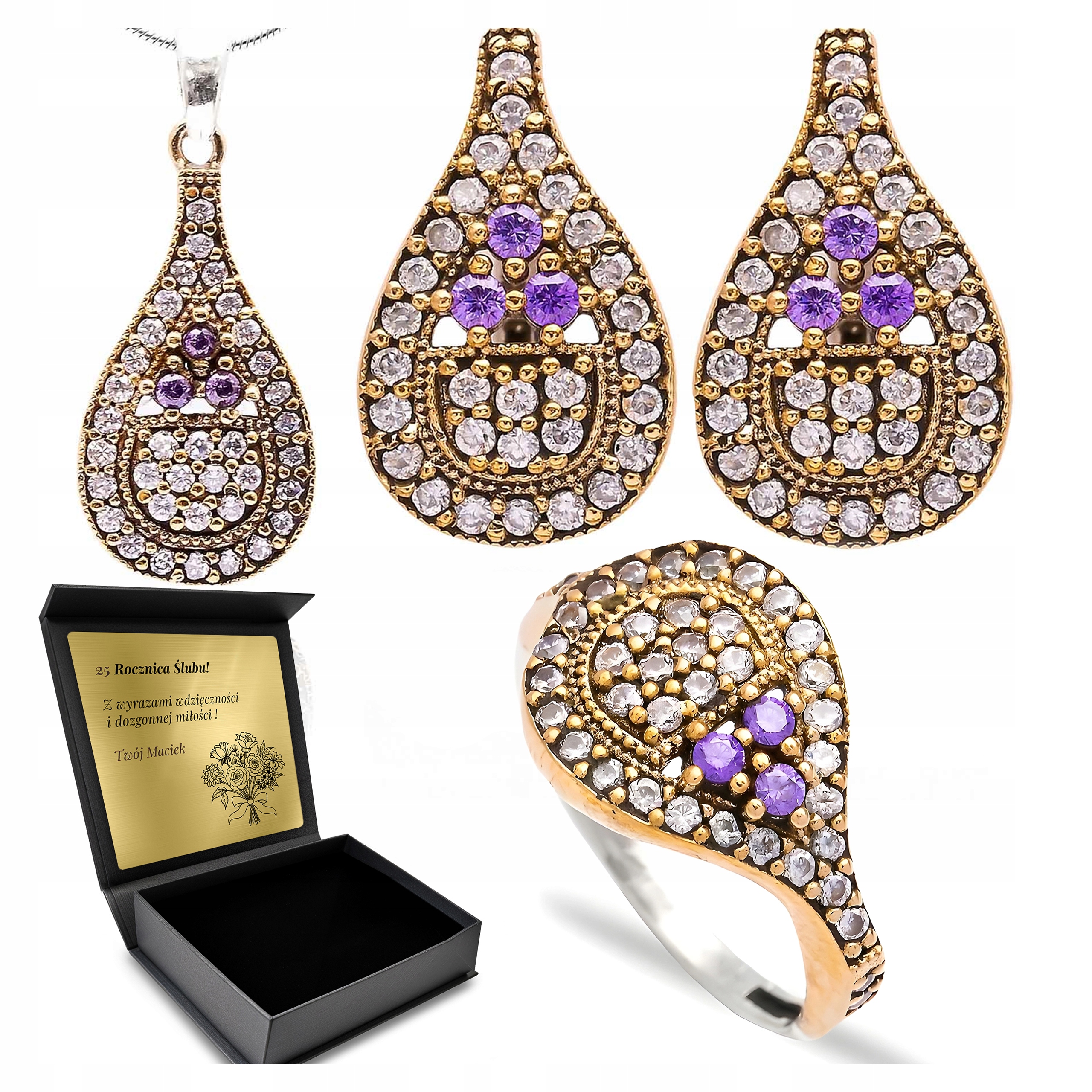 Komplet Stříbrných Šperků 925 Zirkony Ametyst Dárek pro ženu Gravírování