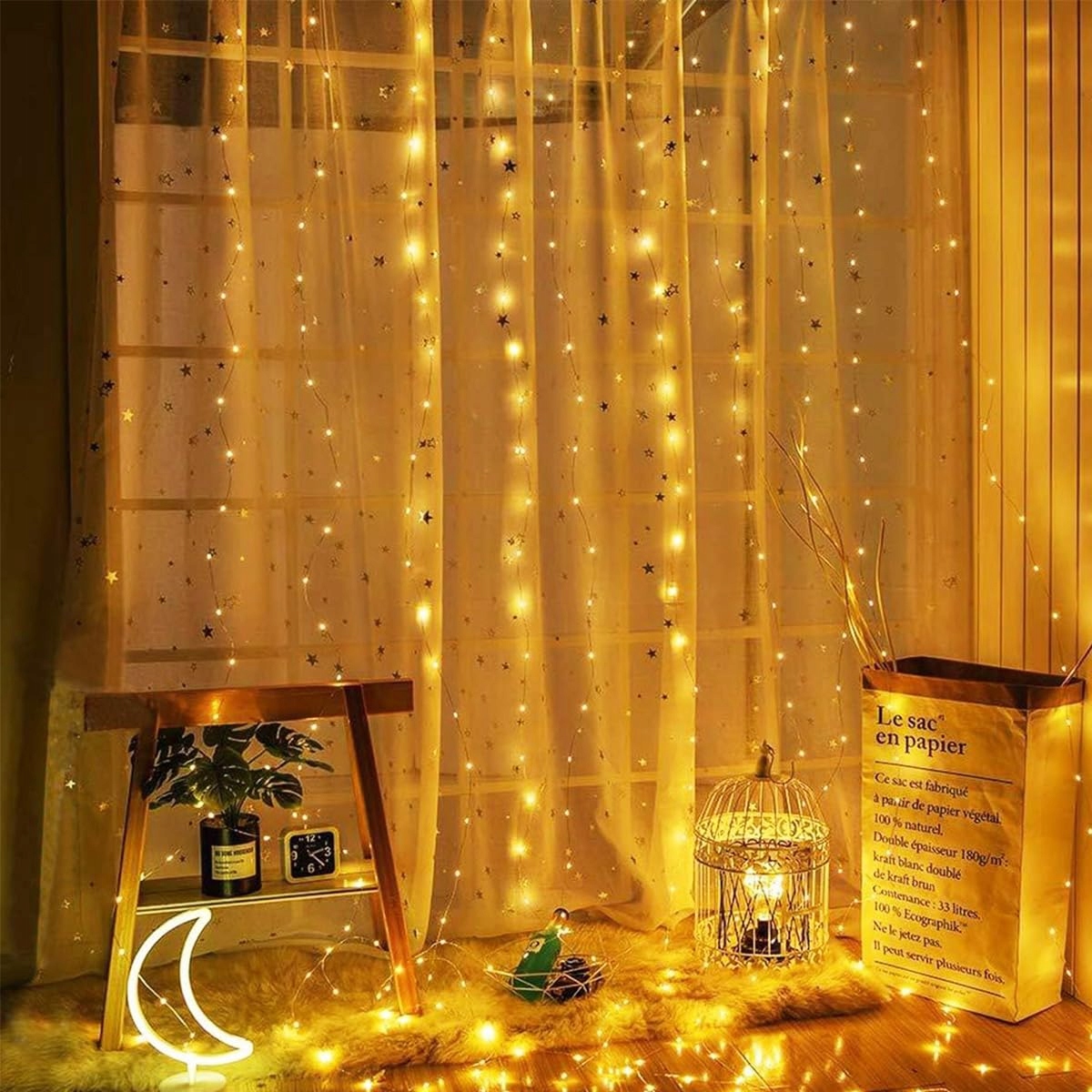 ZYRIVON Kurtyna LED 3x3m 200 LED USB Ciepły Biały Dekoracja Wnętrz — miniatura 7