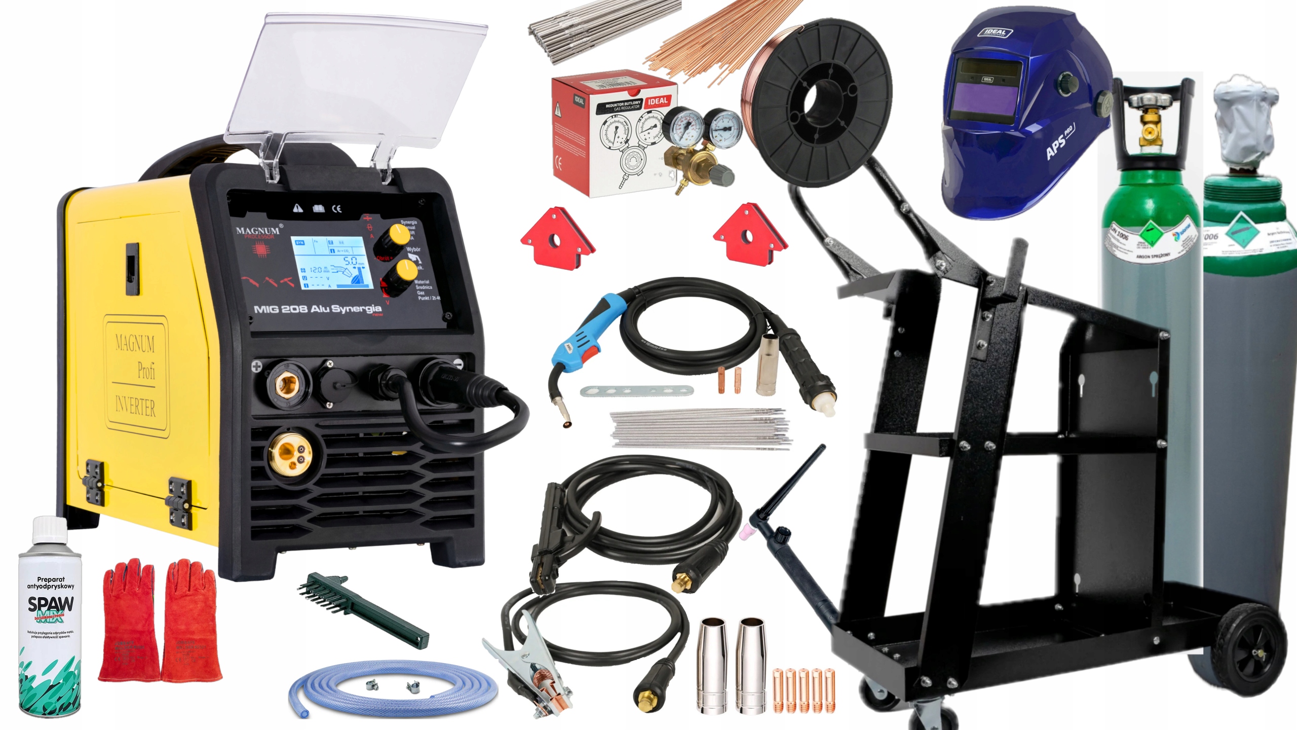 Spawarka Migomat Półautomat Magnum 208 Alu synergia 200A zestaw Wózek Tig