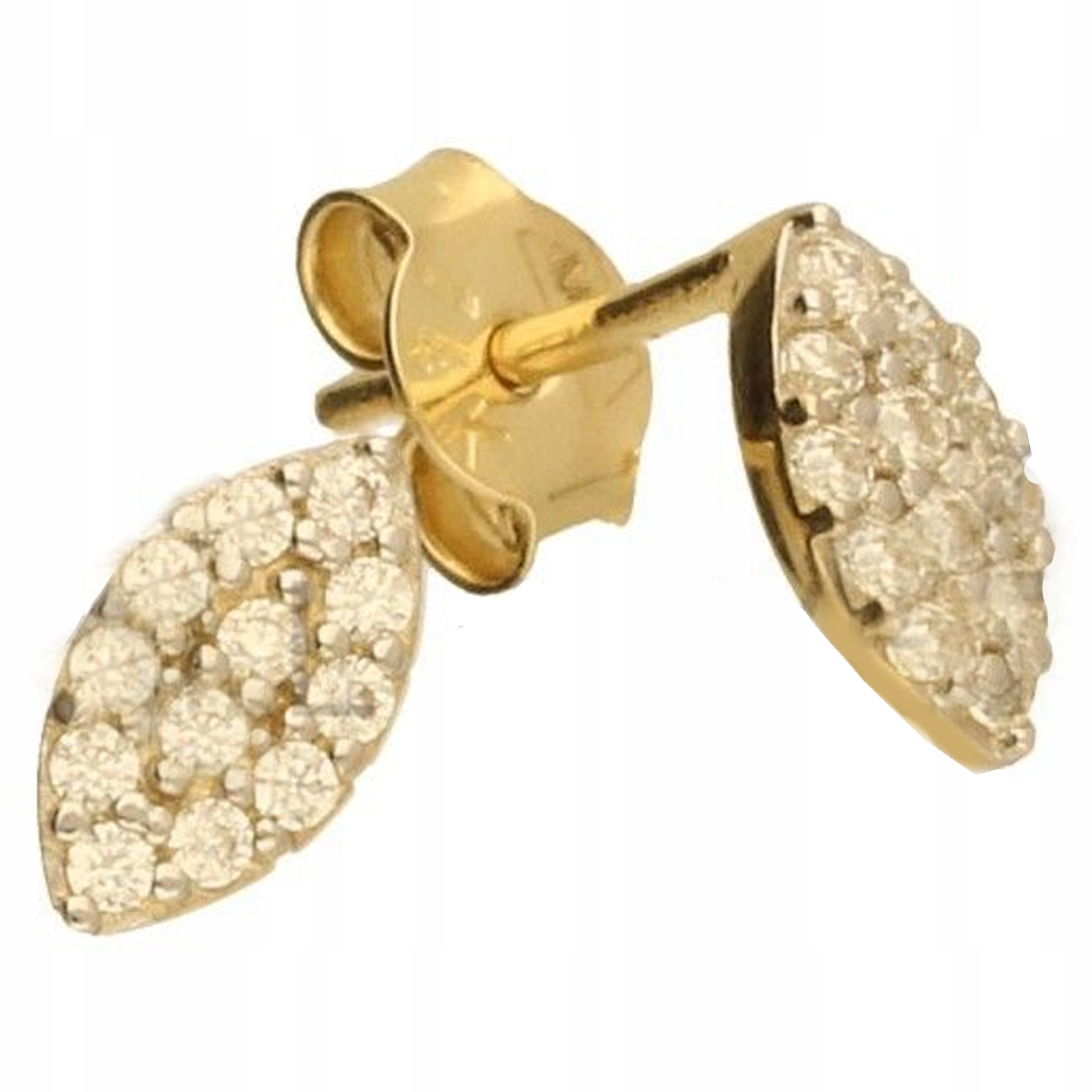 Zlaté náušnice 585 s jemnými lístky a bílými zirkony, dárek 14K 0,83g