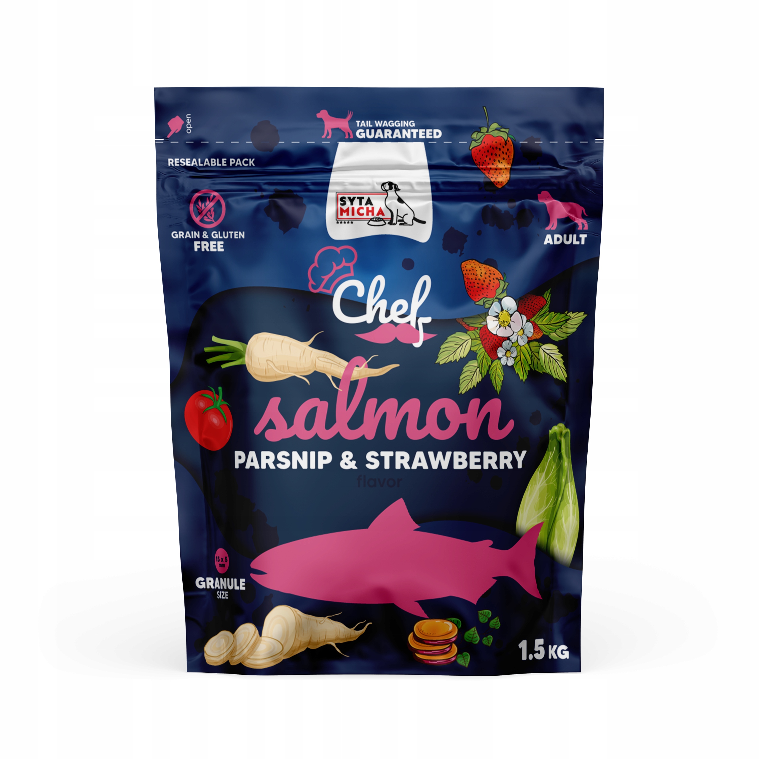 Rybí suché krmivo pro psy Losos, pastinák a jahoda Syta Micha 1,5 kg