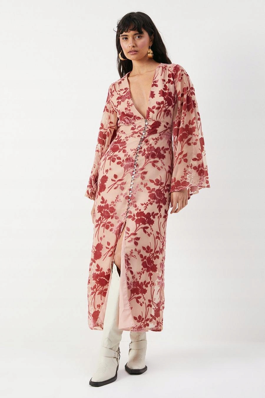 Růžové Šaty S Velurovým Vzorem Warehouse Xs