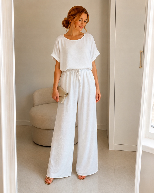 Damski Komplet Z Wiskozy Bluzka Oversize Spodnie Wide Leg Uni biały