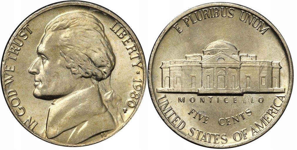5 centów USA (1980) - Thomas Jefferson Mennica Denver