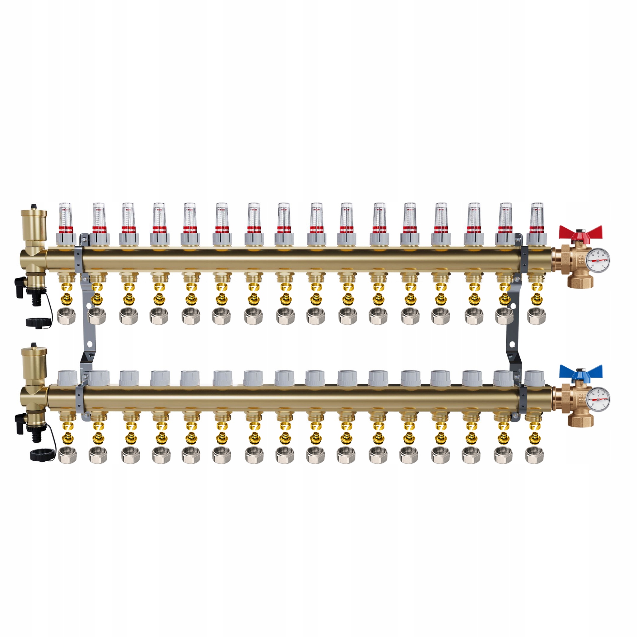 Rozdělovač mosazný Podlahovky 16 okruhů Kulové ventily Teploměr Pex