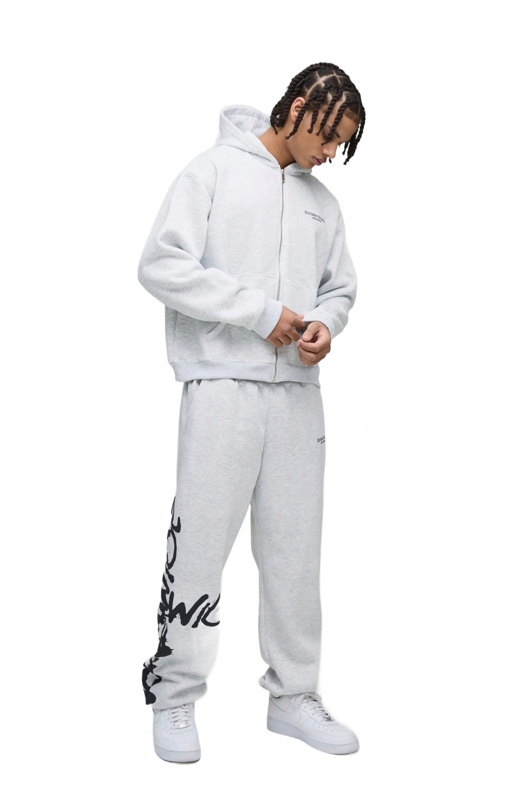 Boohooman Šedý Teplákovka Pánský S Kapucí A Nápisy Na Nohavici L Z3A