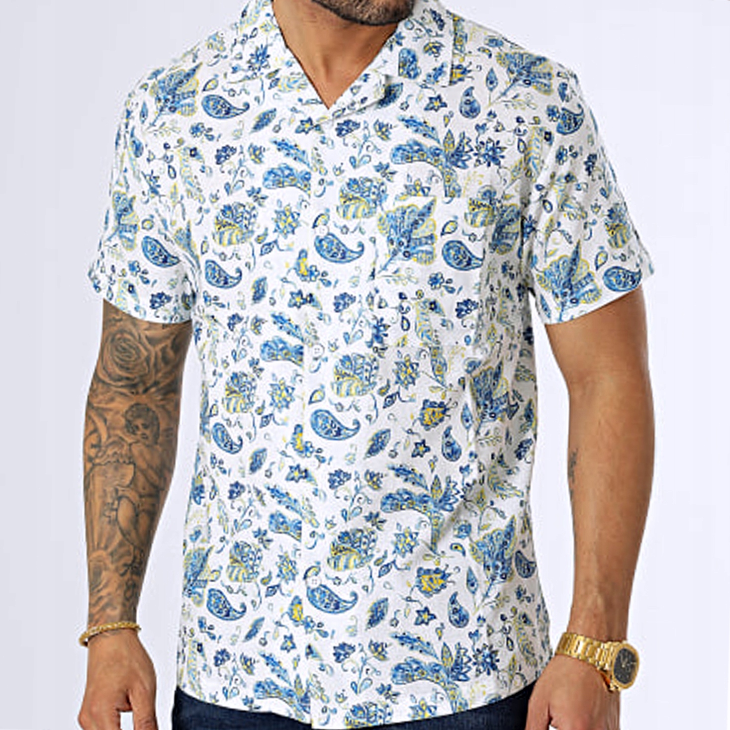 Pánská košile Len Casual Prodyšná Lněná Paisley Havajská s kapsou