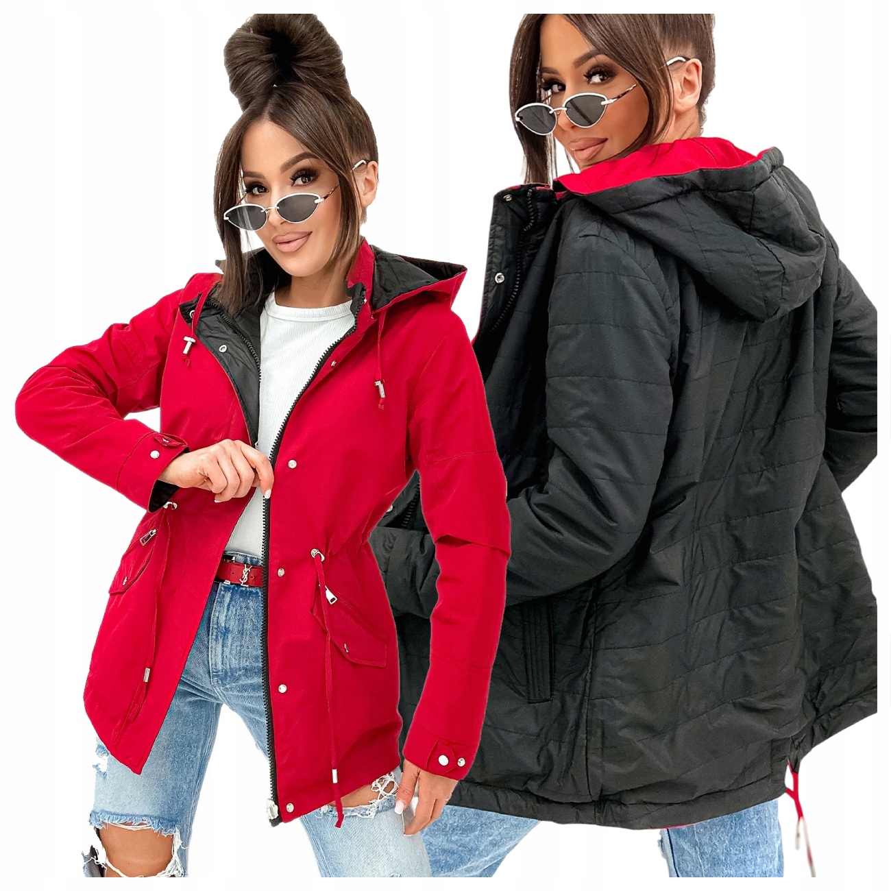 Kurtka Damska Wiosenna Przejsciowa Parka Dwustronna Czerwona W82 Rozmiar XL