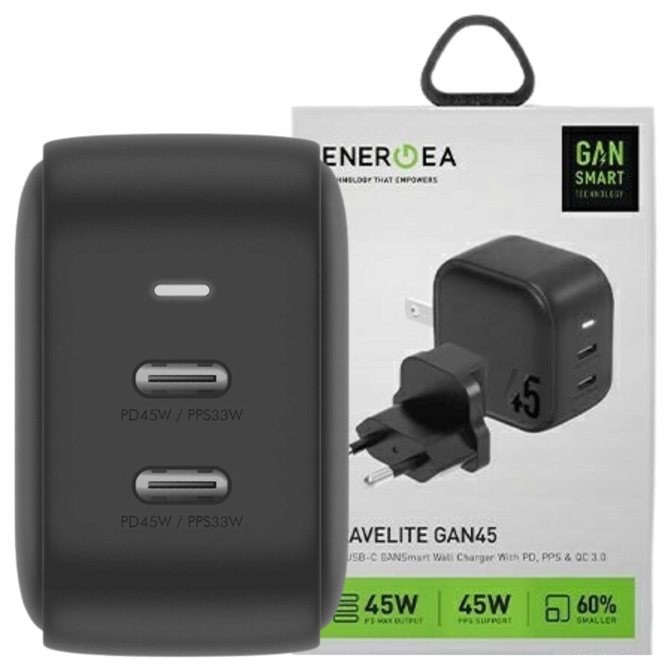 Energea nabíjecí síť 2xUSB-C Pd-pps 45W2C černá/černá Us+eu Travelite GAN45