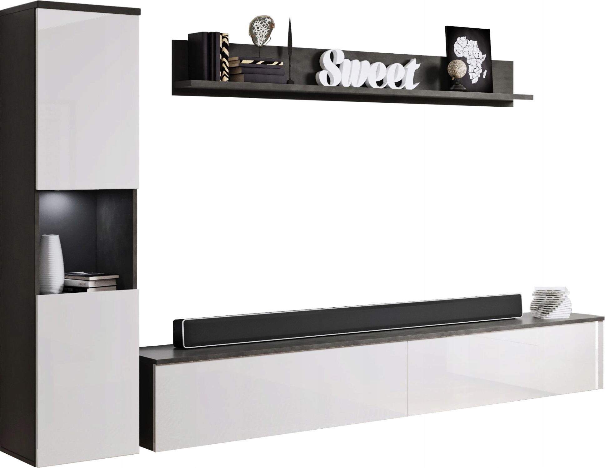 Moderní Nábytková Stěna Paris Matera, bílý lesk – do obývacího pokoje a jídelny