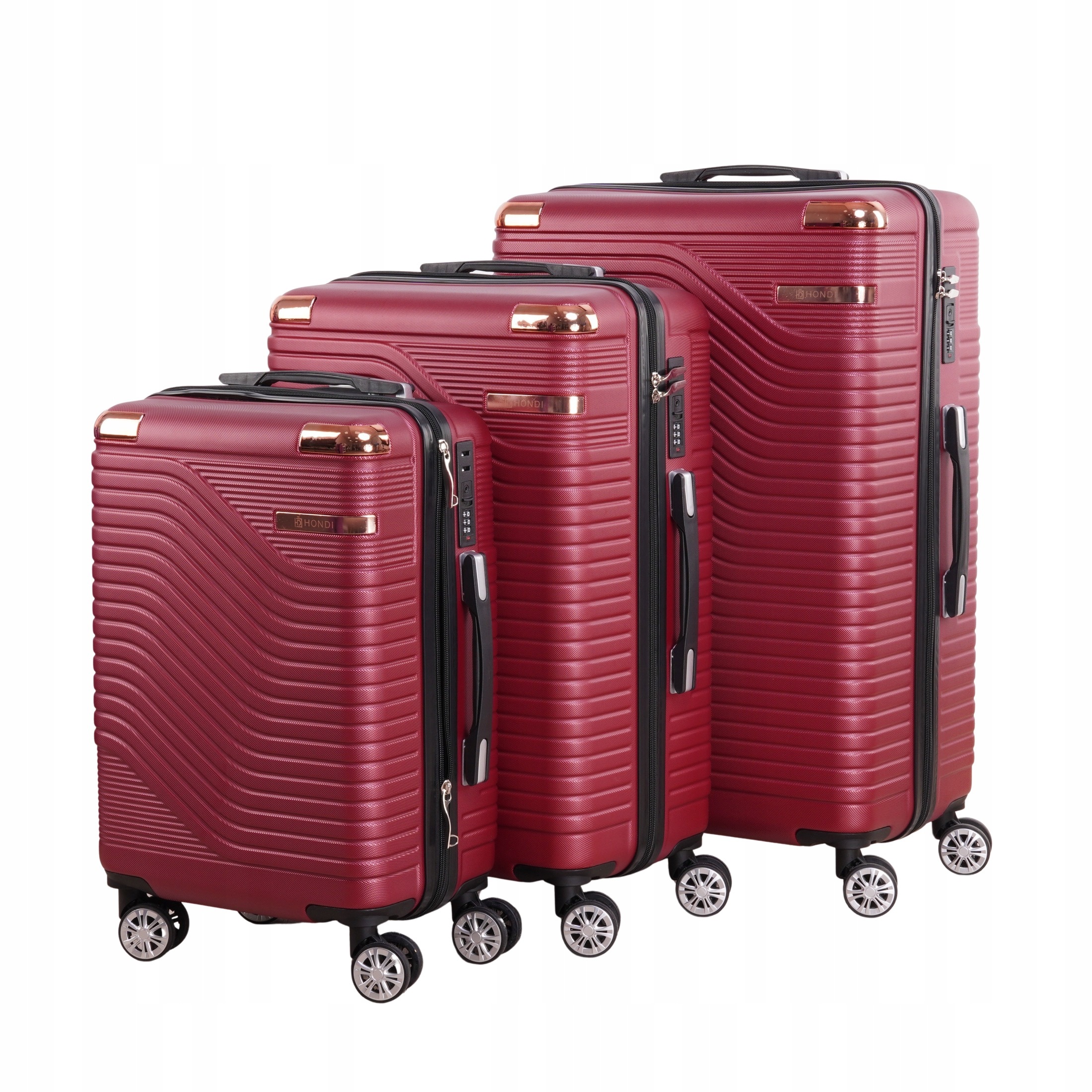 Sada 3 cestovních kufrů bordó 18" 22" 26", pevná kolečka Rose Gold 360