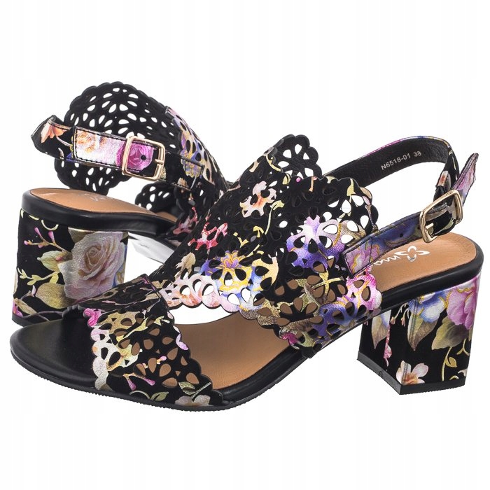 Dámské kožené sandály na podpatku Maciejka Černé Květiny N6518