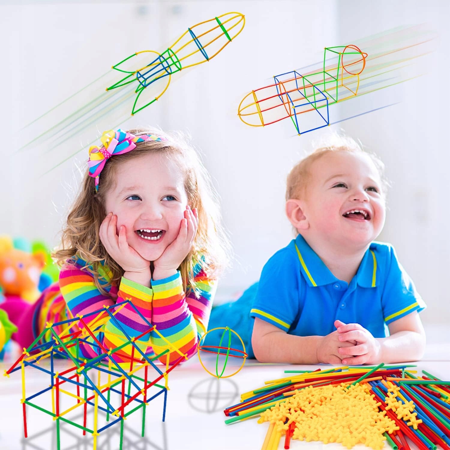 SŁOMKI KONSTRUKCYJNE KLOCKI ZESTAW KREATYWNY 3D 600 elem. Materiał plastik