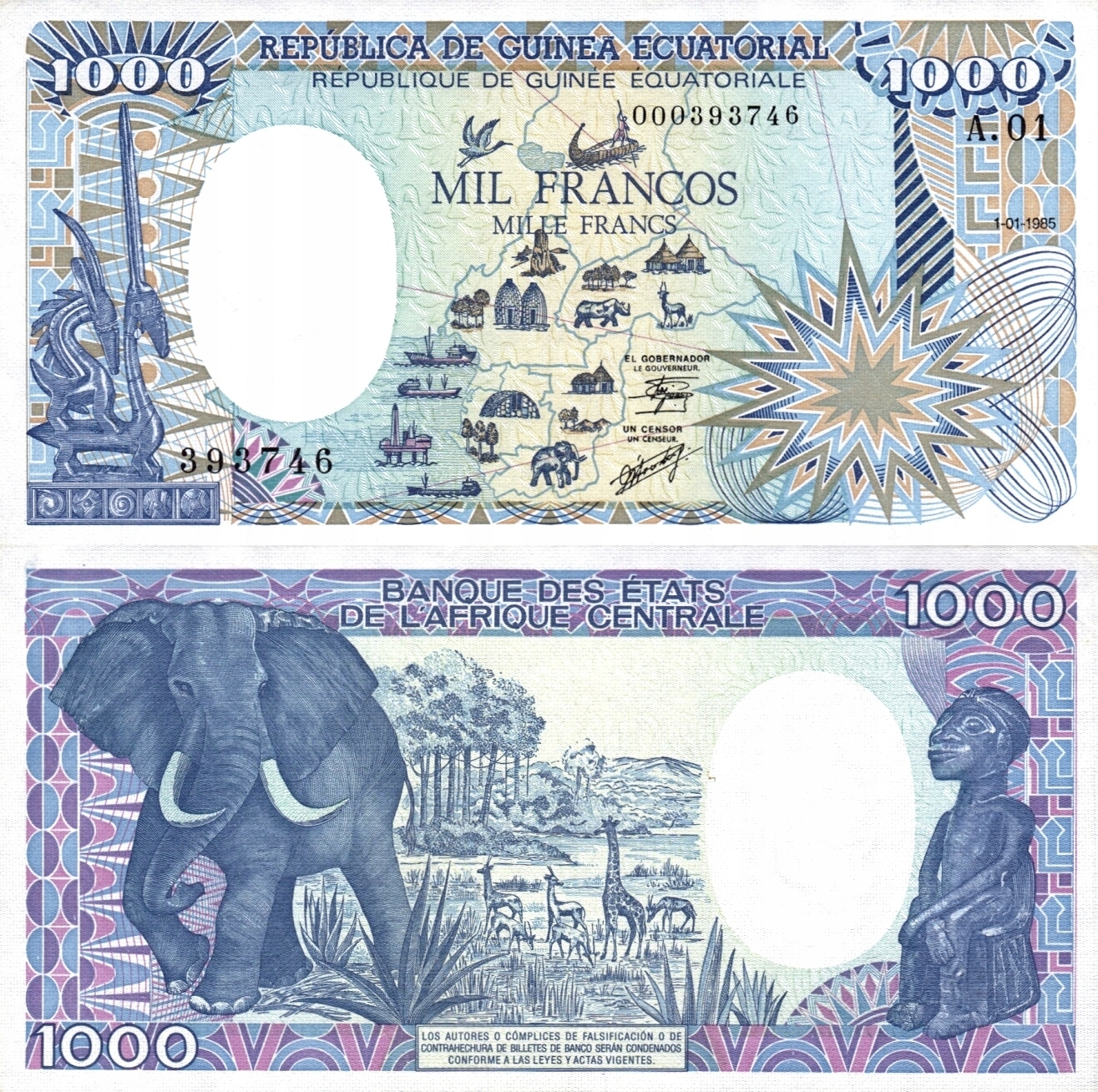 # GWINEA RÓWNIKOWA - 1000 FRANKÓW - 1985 - P-21 - UNC- (seria A01 000...)