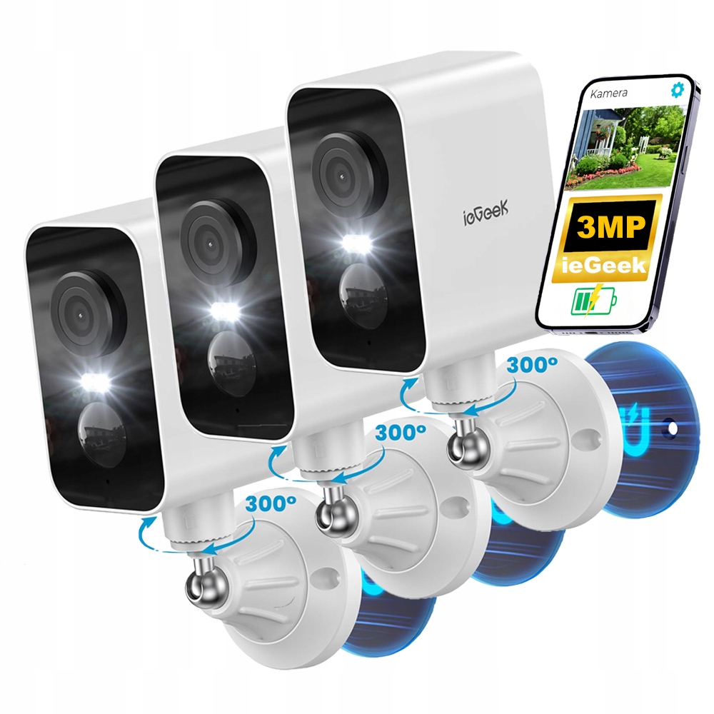 3 kusy Venkovní Kamera WiFi 300 stupňů WiFi kamera magnetická montáž